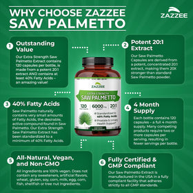 Zazzee Extra Strength Saw Palmetto capsules on a wooden table