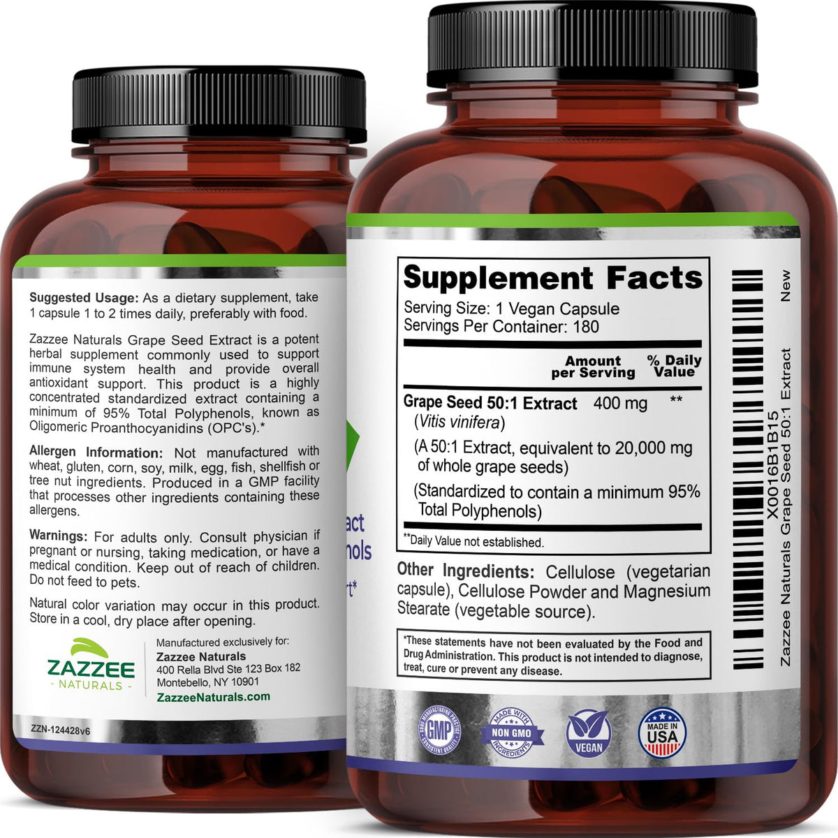 Zazzee Grape Seed Extract 50:1 180 Capsules back view