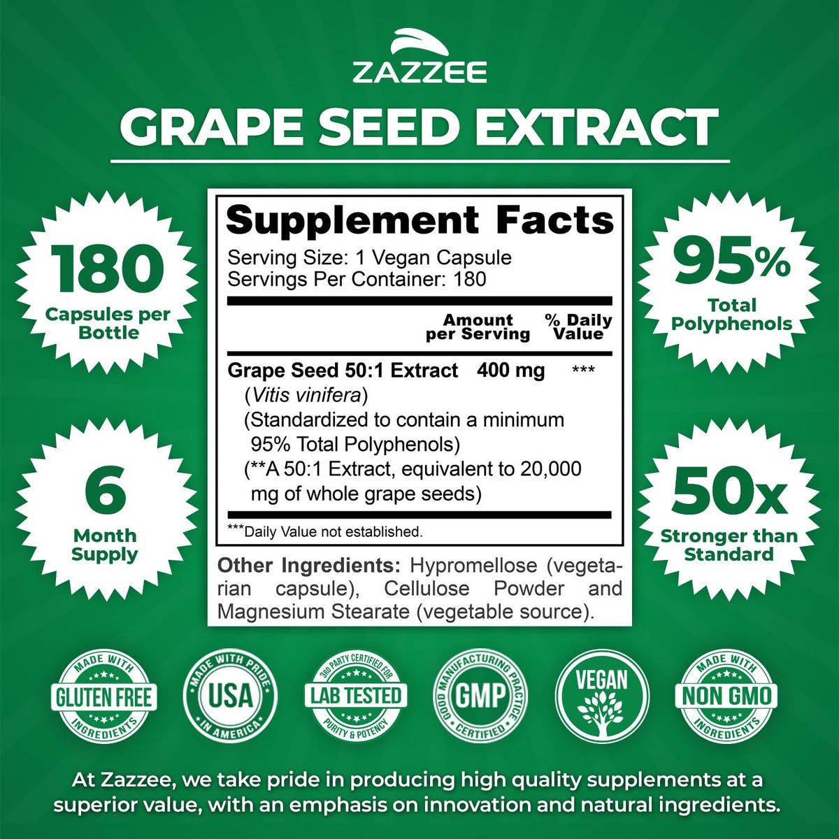 Zazzee Grape Seed Extract 50:1 180 Capsules side view