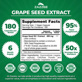 Zazzee Grape Seed Extract 50:1 180 Capsules side view