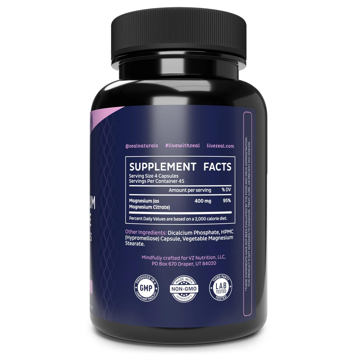 Zeal Naturals Magnesium Citrate Capsules 400mg bottle with label