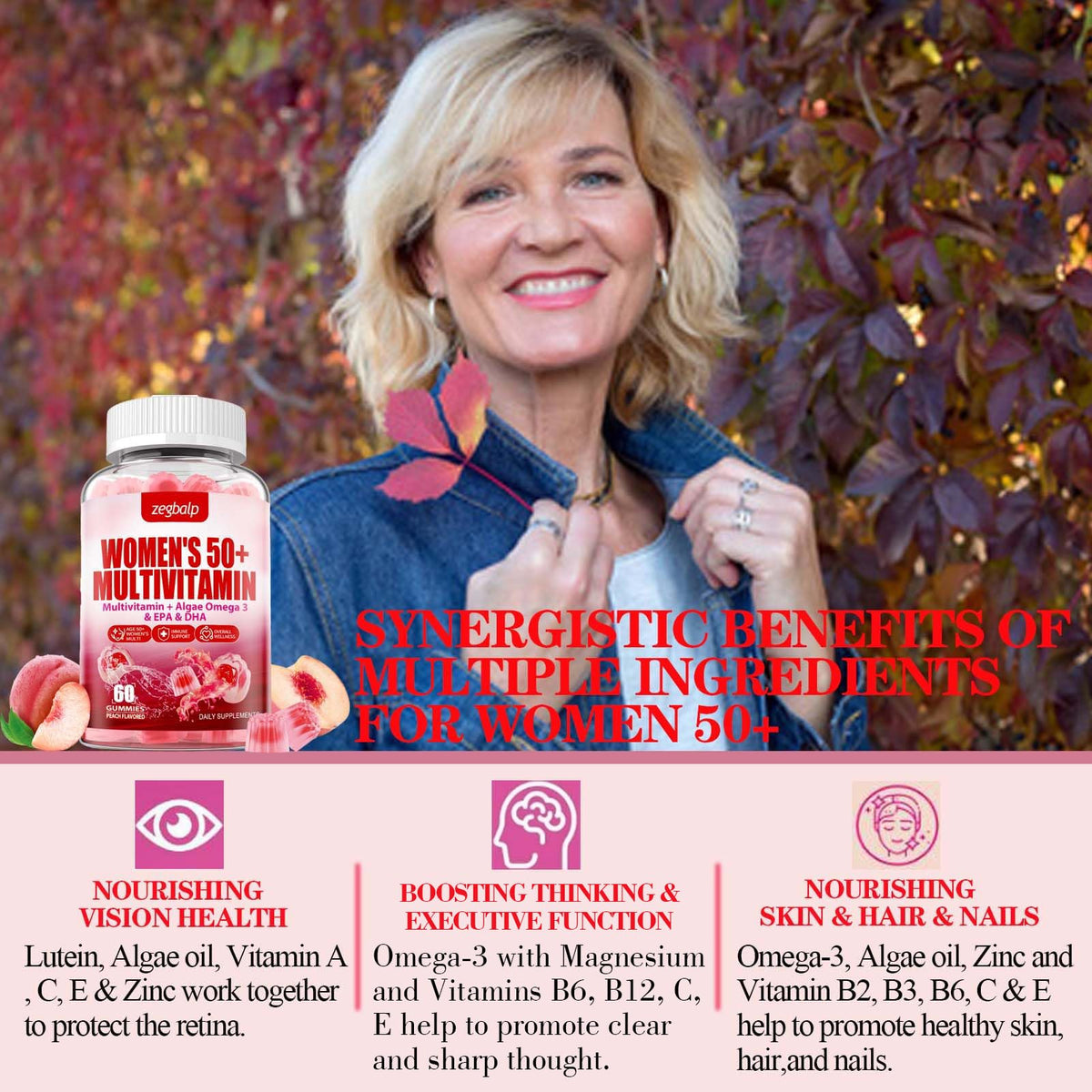 ZEGBALP Women's 50 Plus Gummies in a bowl
