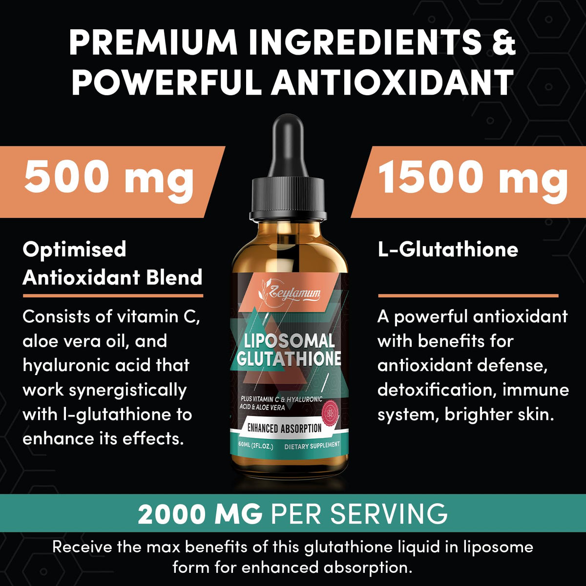 Zeylamum Liposomal Glutathione Liquid Drops 2000mg with measuring dropper