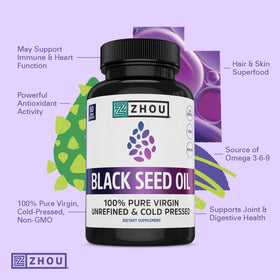 ZHOU Black Seed Oil Capsules displayed with a measuring spoon