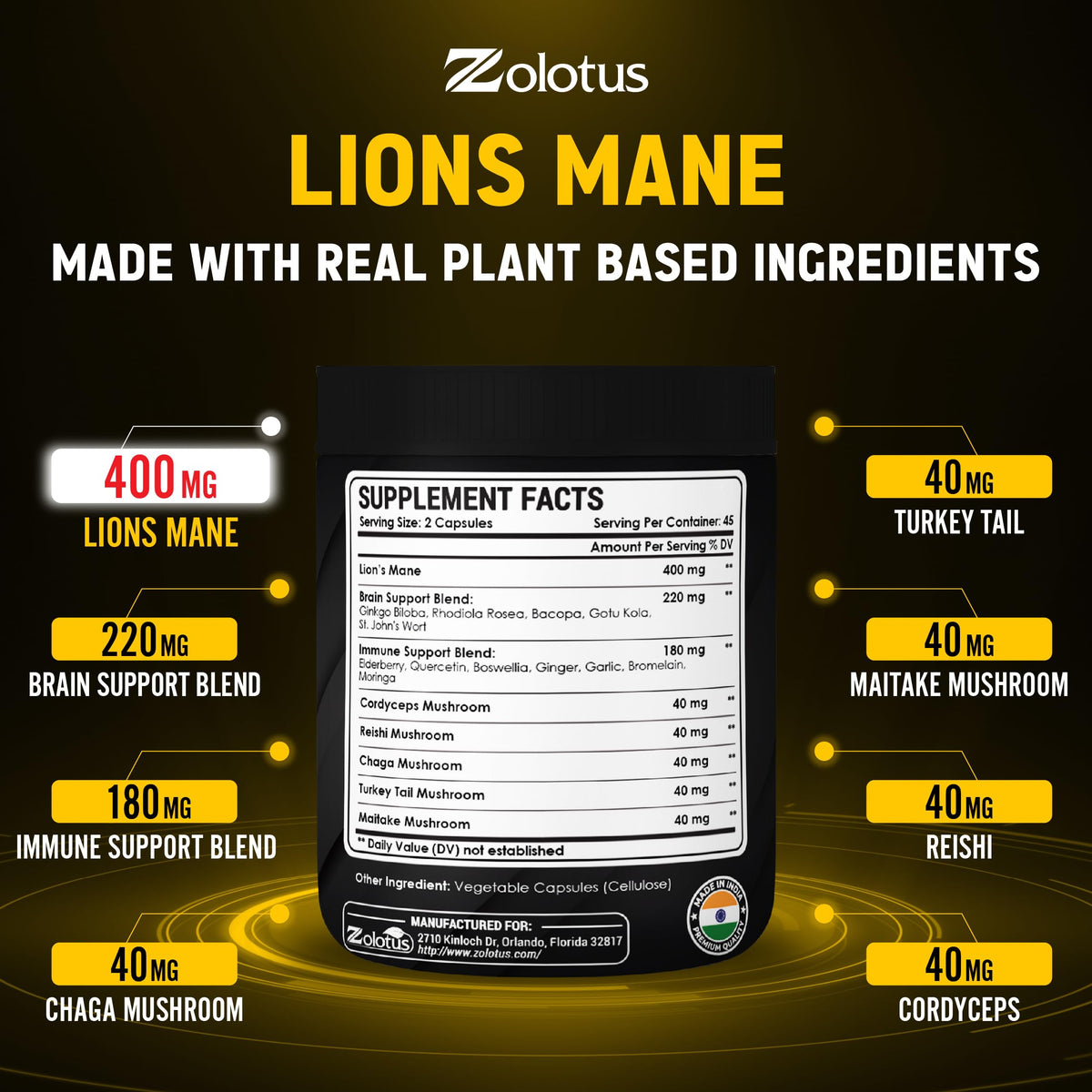 Zolotus Lions Mane Mushroom Complex Capsules side view