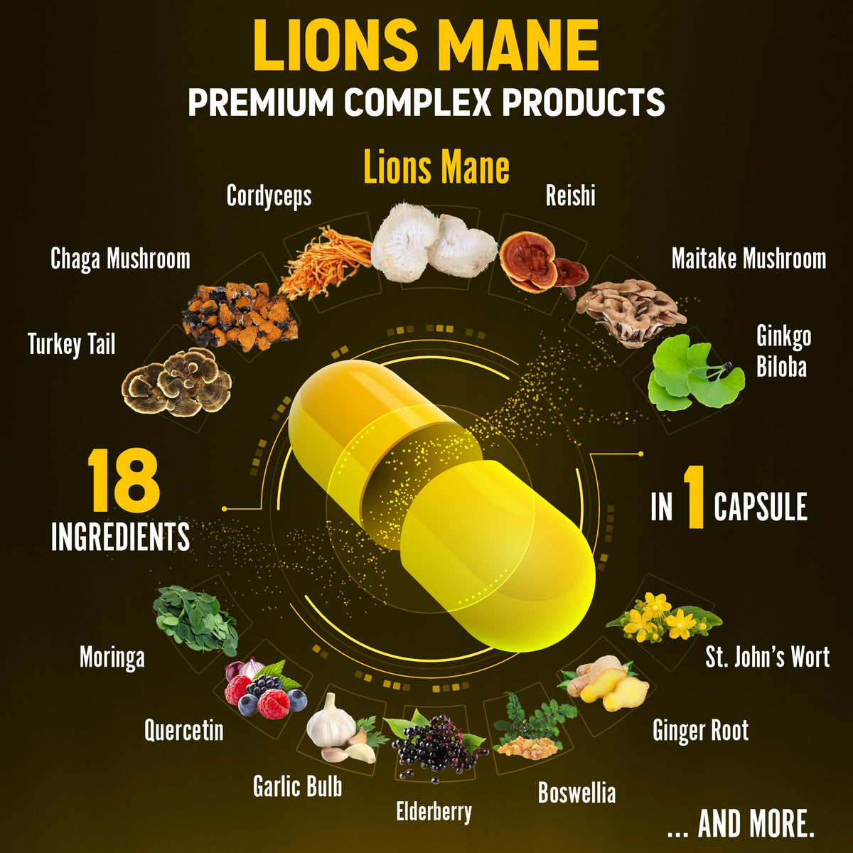 Zolotus Lions Mane Mushroom Complex Capsules with ingredients list